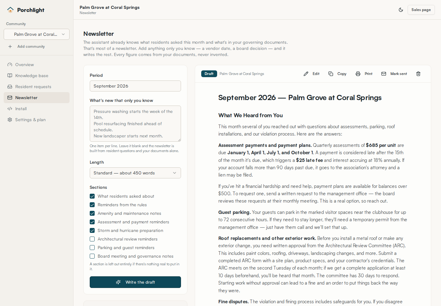 The newsletter studio with a generated community newsletter draft ready to edit