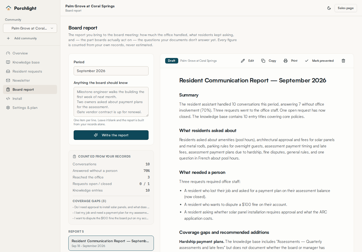 The monthly board report showing questions answered, questions routed and document gaps