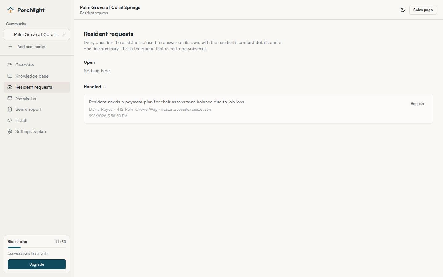 The console inbox showing routed resident questions with names, units and contact details